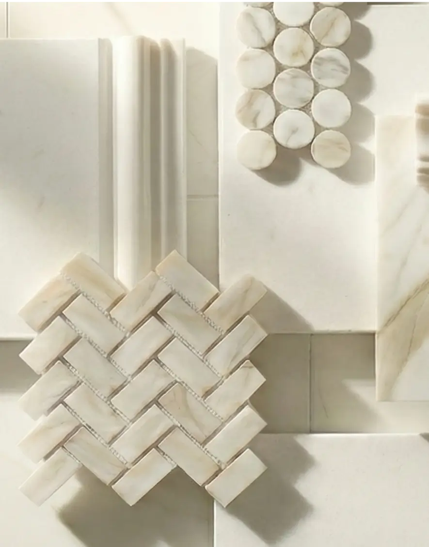 White marble tiles mosaics and moldings for luxury kitchen and bathroom projects