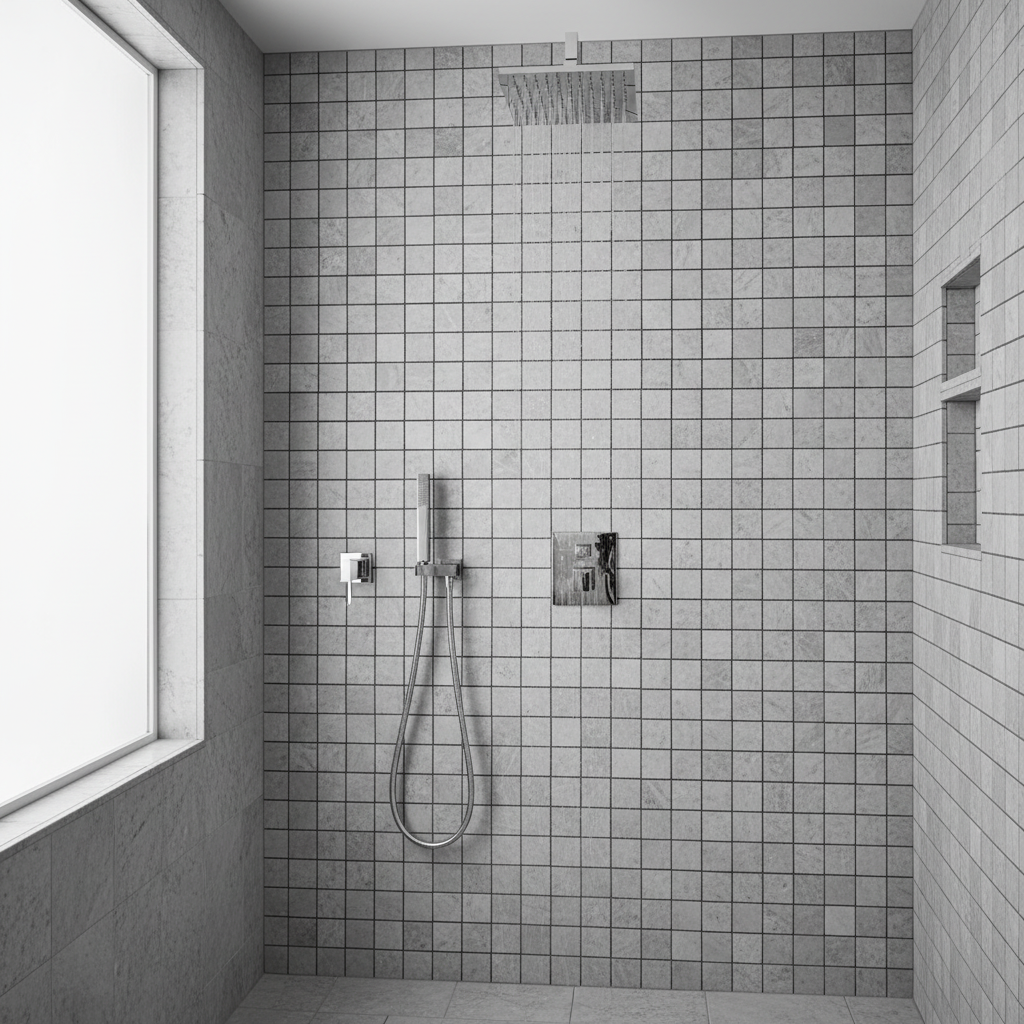 Tundra Gray 2x2 antique tumbled mosaic shower - correct scale