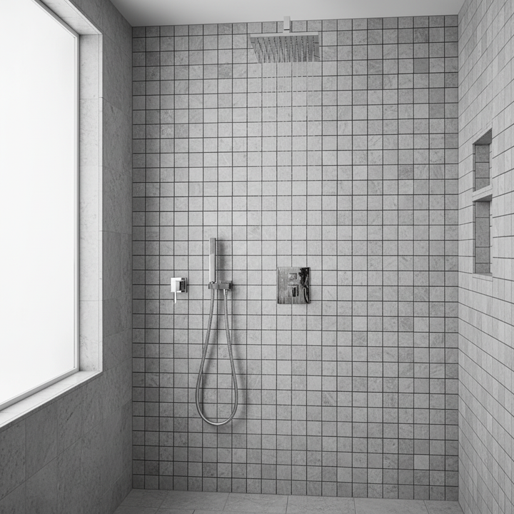 Tundra Gray 2x2 antique tumbled mosaic shower - correct scale