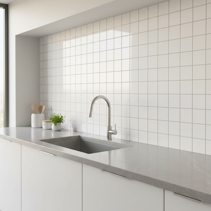 White VIP 3x3 pool tile kitchen backsplash