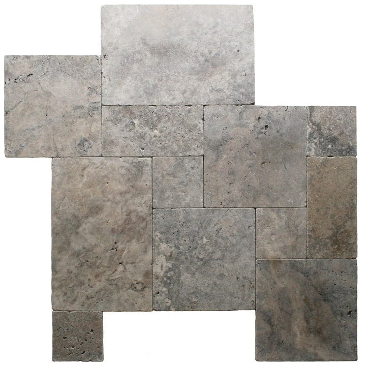 Silver Travertine 3cm Paver Tumbled Versailles Pattern - TILE AND MOSAIC DEPOT