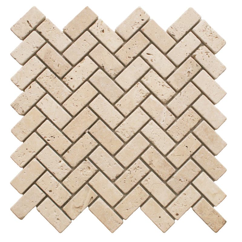 Ivory Travertine 1x2 Herringbone Tumbled Mosaic Tile - TILE AND MOSAIC DEPOT