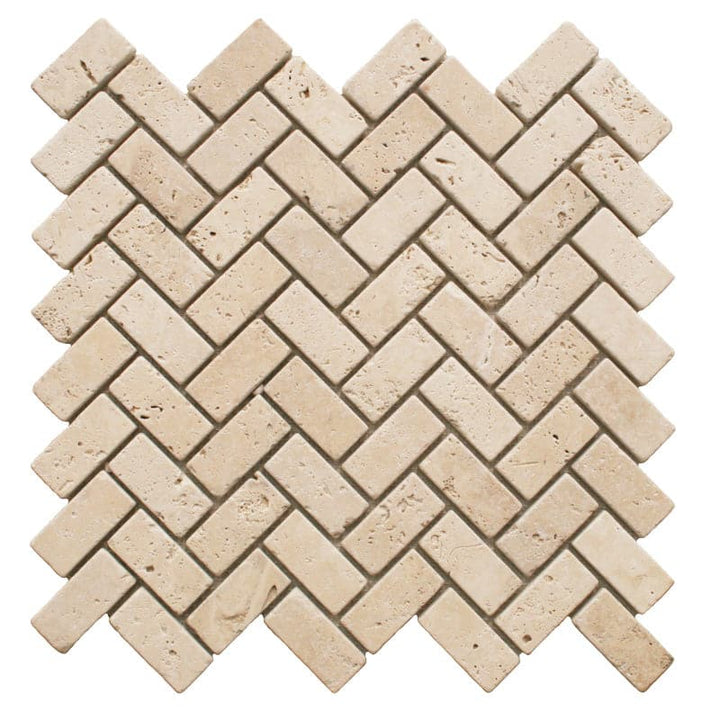 Ivory Travertine 1x2 Herringbone Tumbled Mosaic Tile - TILE AND MOSAIC DEPOT