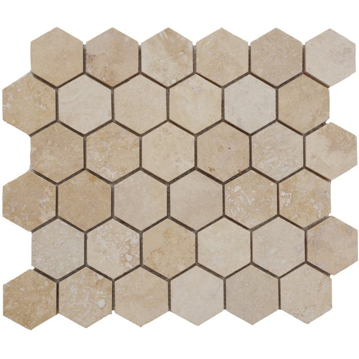 Ivory Travertine 2x2 Hexagon Honed Mosaic Tile - TILE AND MOSAIC DEPOT