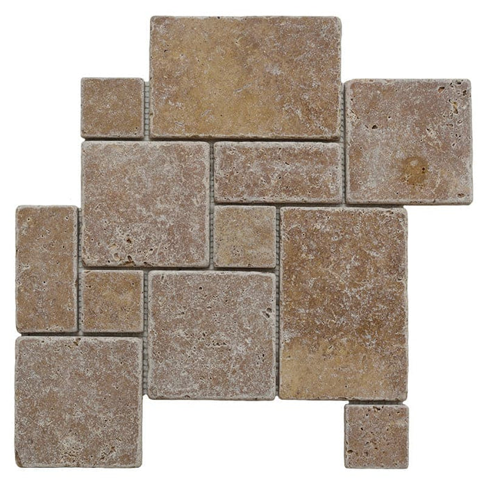 Noce Travertine Opus Mini Pattern Tumbled Mosaic Tile - TILE AND MOSAIC DEPOT