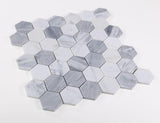 Hexagon Dusk 11.75 x 12 Mix of Carrara and Bardiglio Marble Mosaic Tile.