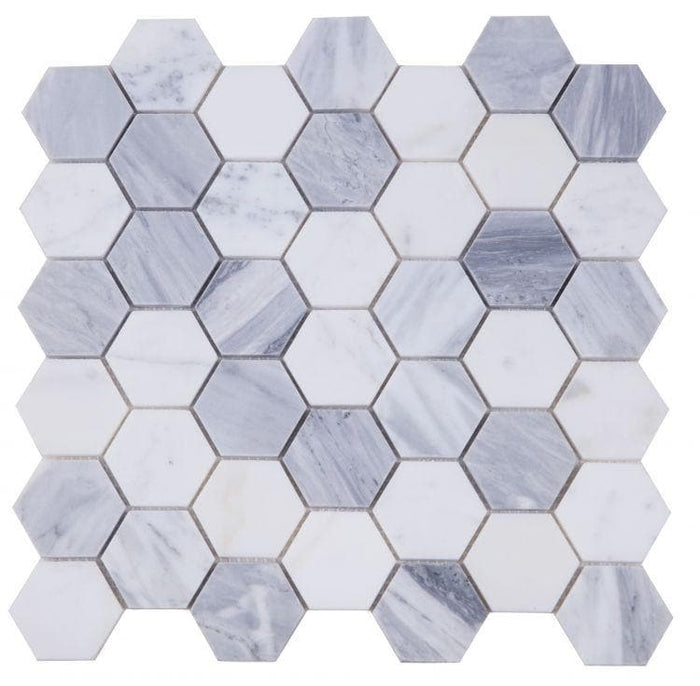 Hexagon Dusk 11.75 x 12 Mix of Carrara and Bardiglio Marble Mosaic Tile.