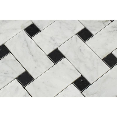 White Carrara Marble Large Basketweave with Black Dots Polished Mosaic Tile - TILE AND MOSAIC DEPOT