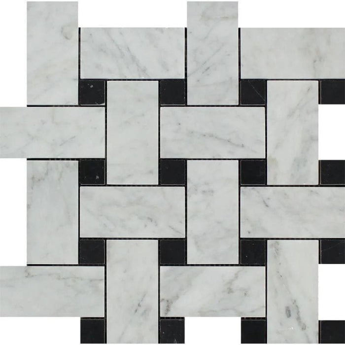 White Carrara Marble Large Basketweave with Black Dots Polished Mosaic Tile - TILE AND MOSAIC DEPOT