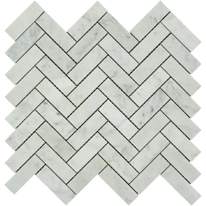 White Carrara Marble 1x3 Herringbone Polished Mosaic Tile - TILE AND MOSAIC DEPOT