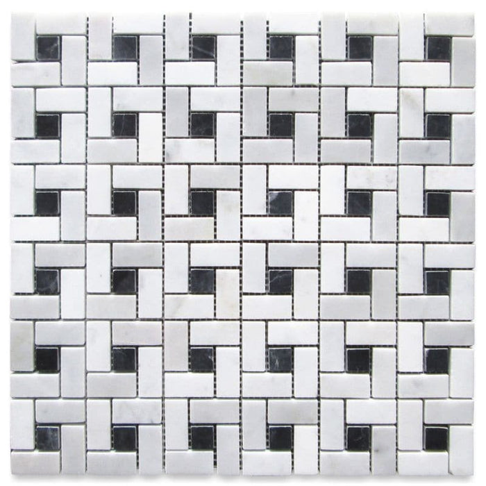 White Carrara Marble Pinwheel w/Black dots Polished Mosaic Tile - TILE AND MOSAIC DEPOT