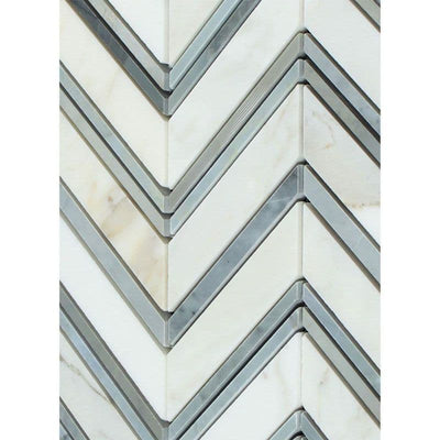 Calacatta Gold Marble Chevron with Blue Strips Honed Mosaic Tile - TILE AND MOSAIC DEPOT