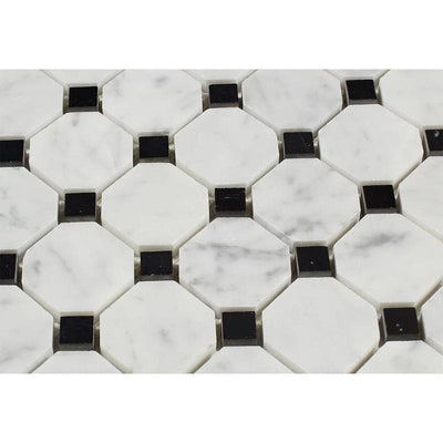 White Carrara Marble Octagon with Black Dots Polished Mosaic Tile - TILE AND MOSAIC DEPOT