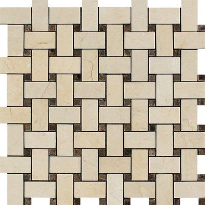 Crema Marfil Marble Basketweave w/ Emp Dots Polished Mosaic Tile - TILE AND MOSAIC DEPOT