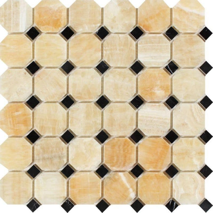 Honey Onyx Octagon with Black Dots Polished Mosaic Tile - TILE AND MOSAIC DEPOT
