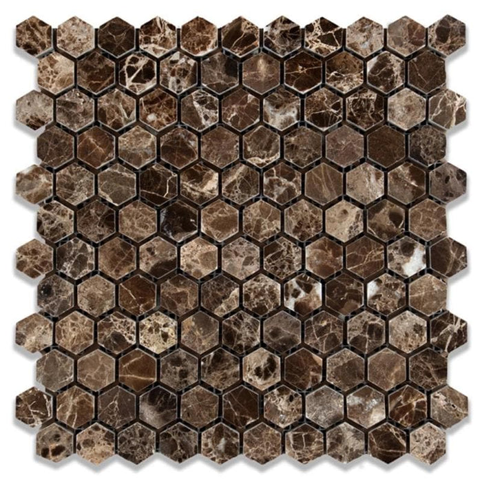 Emperador Dark Spanish Marble 1x1 Hexagon Polished Mosaic Tile - TILE AND MOSAIC DEPOT
