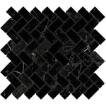 Nero Marquina Marble 1x2 Herringbone Polished Mosaic Tile - TILE AND MOSAIC DEPOT