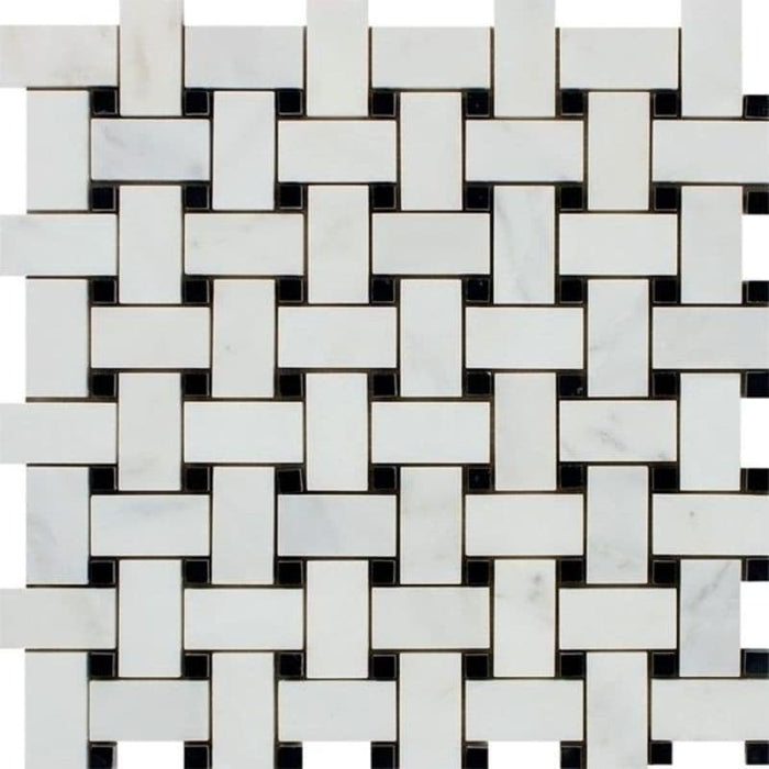 Asian Statuary (Oriental White) Marble Honed Basketweave with Black Dots Mosaic Tile - TILE AND MOSAIC DEPOT