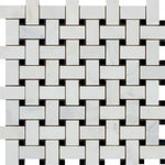Asian Statuary (Oriental White) Marble Polished Basketweave with Black Dots Mosaic Tile - TILE AND MOSAIC DEPOT