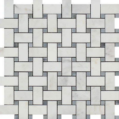 Asian Statuary (Oriental White) Marble Polished Basketweave with Blue Dots Mosaic Tile - TILE AND MOSAIC DEPOT