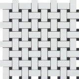 Thassos White Marble Polished Basketweave with Black Dots Mosaic Tile - TILE AND MOSAIC DEPOT