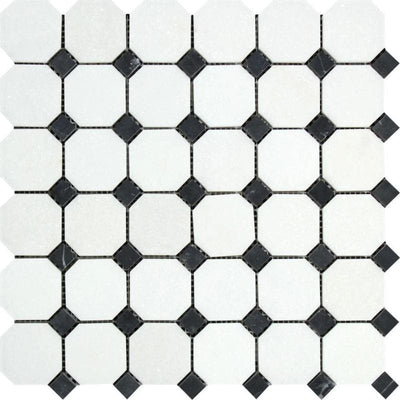 Thassos White Marble Octagon with Black Dots Polished Mosaic Tile - TILE AND MOSAIC DEPOT