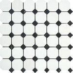 Thassos White Marble Octagon with Black Dots Polished Mosaic Tile - TILE AND MOSAIC DEPOT