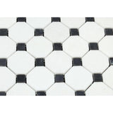 Thassos White Marble Octagon with Black Dots Polished Mosaic Tile - TILE AND MOSAIC DEPOT