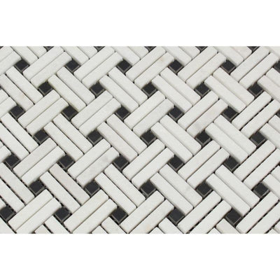 Thassos White Marble Stanza Black Dot Polished Mosaic Tile - TILE AND MOSAIC DEPOT