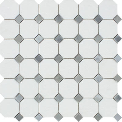 Thassos White Marble Octagon with Blue Dots Honed Mosaic Tile - TILE AND MOSAIC DEPOT