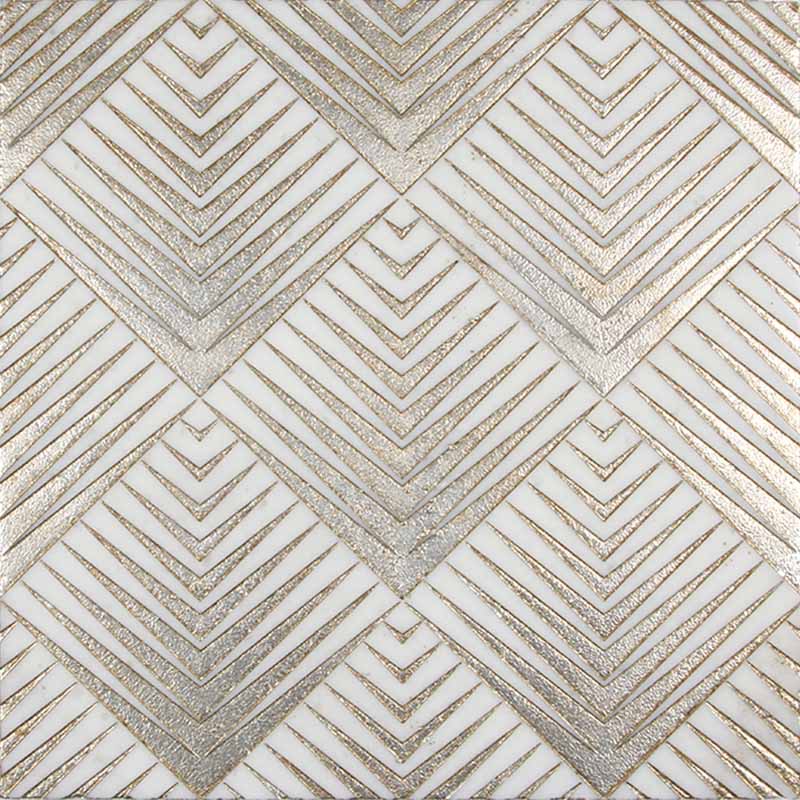 Gold and ashen white marble mosaic tile from MM featuring intricate artistic design and natural stone patterns.