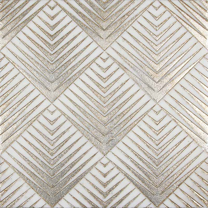 Gold and ashen white marble mosaic tile from MM featuring intricate artistic design and natural stone patterns.