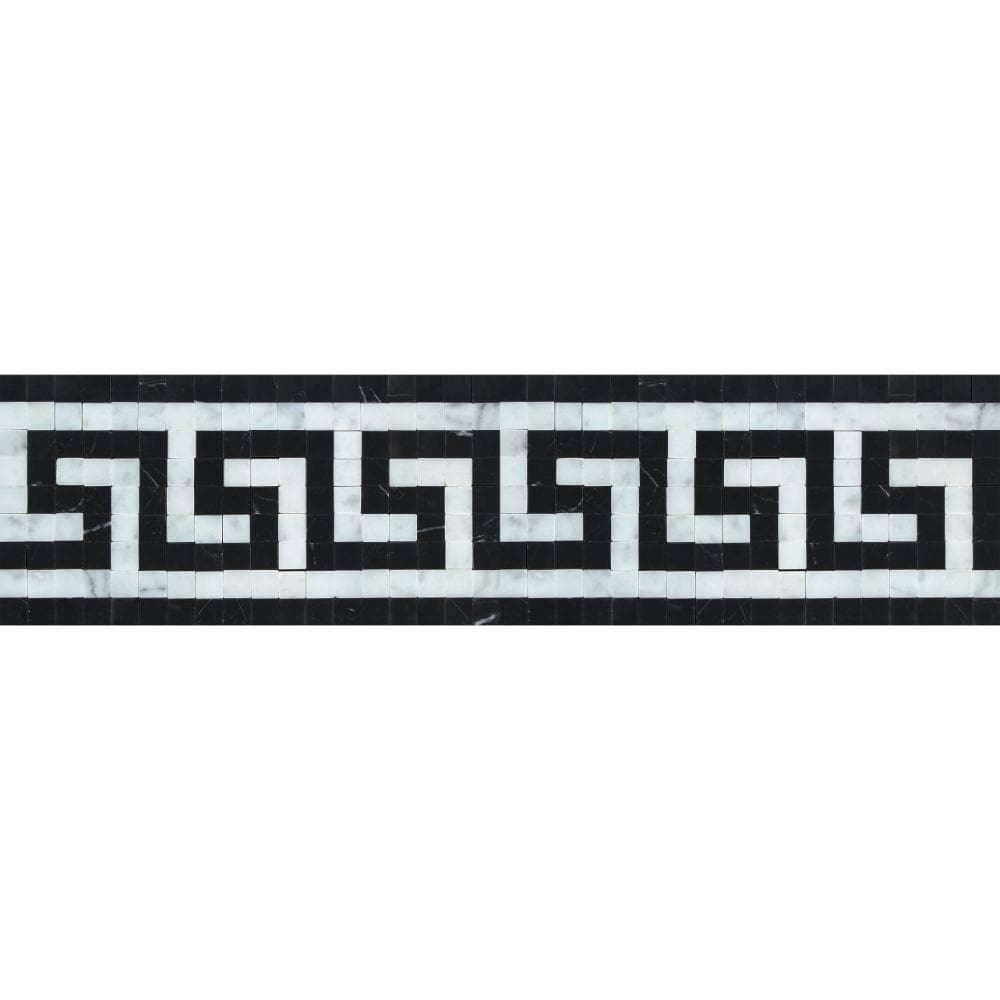Bianco Carrara Honed Marble Greek Key Border (Carrara w/ Black).