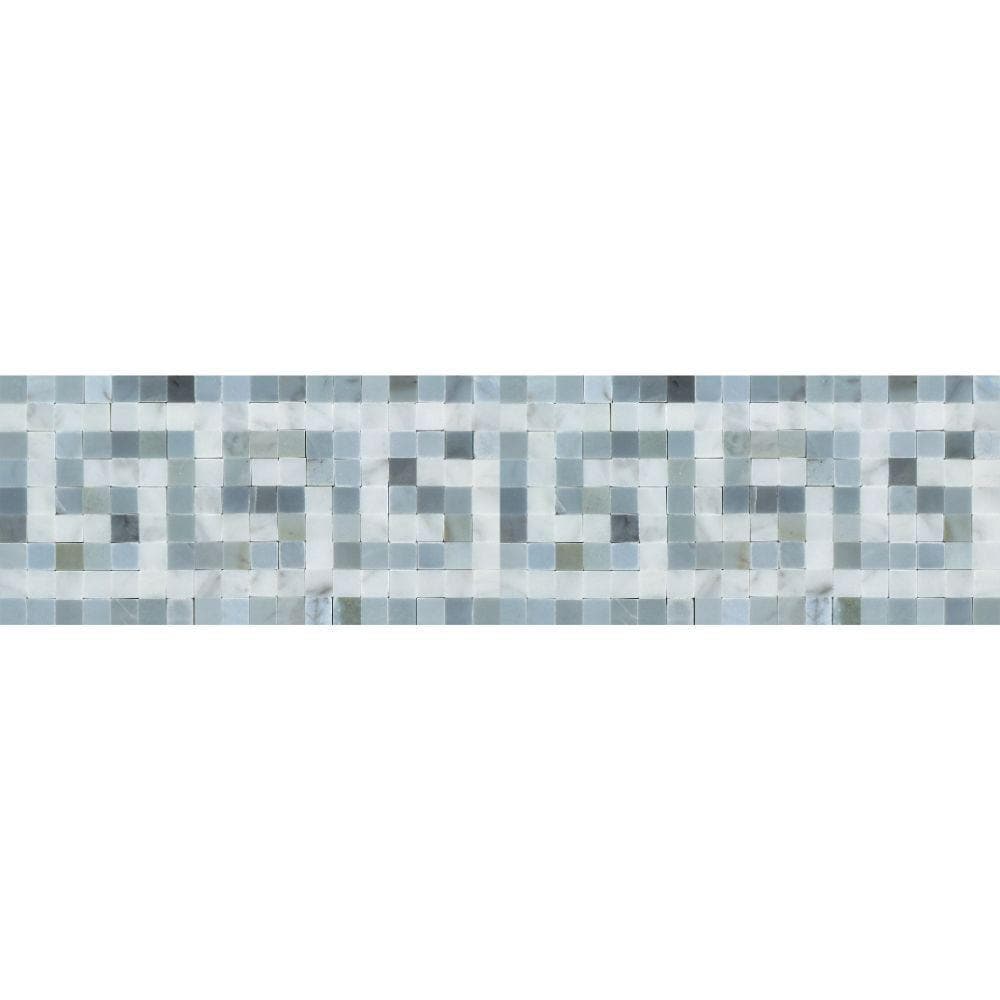 Bianco Carrara Polished Marble Greek Key Border (Carrara w/ Blue-Gray).