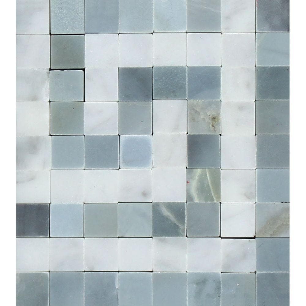 Bianco Carrara Polished Marble Greek Key Corner (Carrara w/ Blue-Gray).