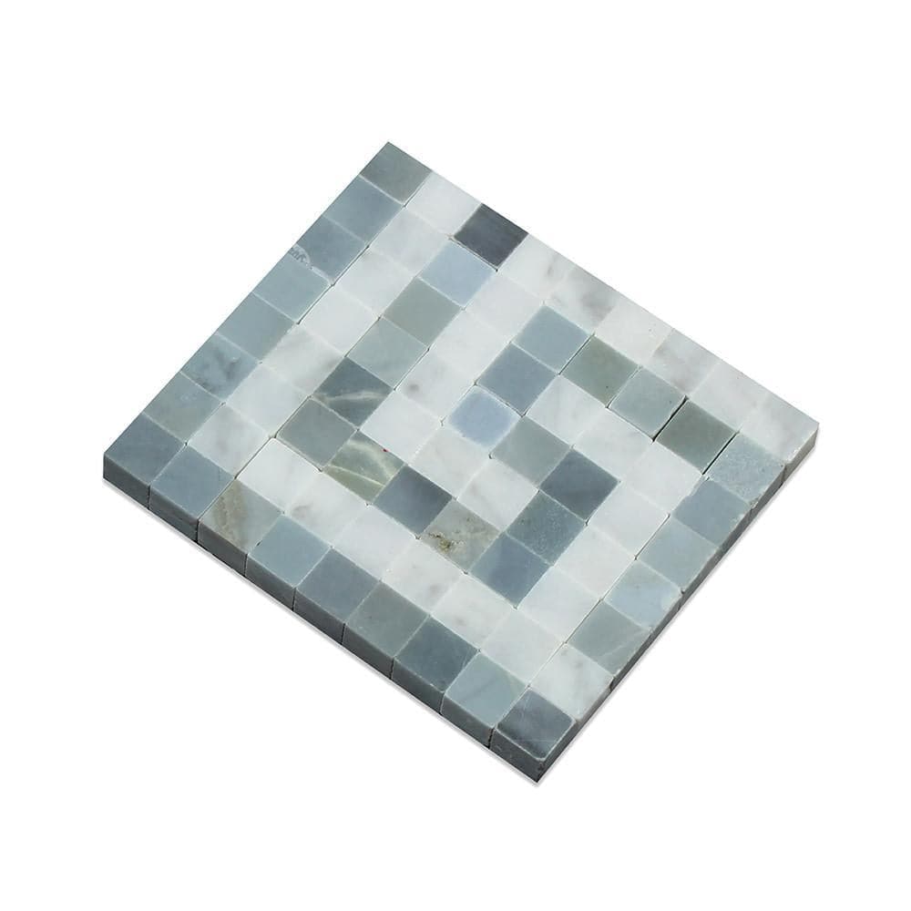 Bianco Carrara Polished Marble Greek Key Corner (Carrara w/ Blue-Gray).