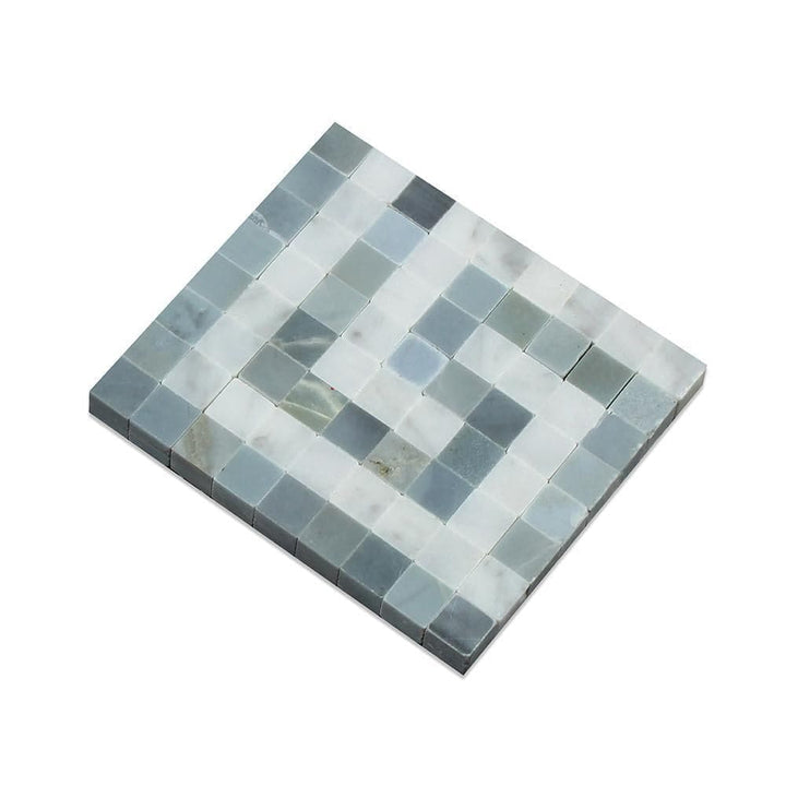 Bianco Carrara Polished Marble Greek Key Corner (Carrara w/ Blue-Gray).