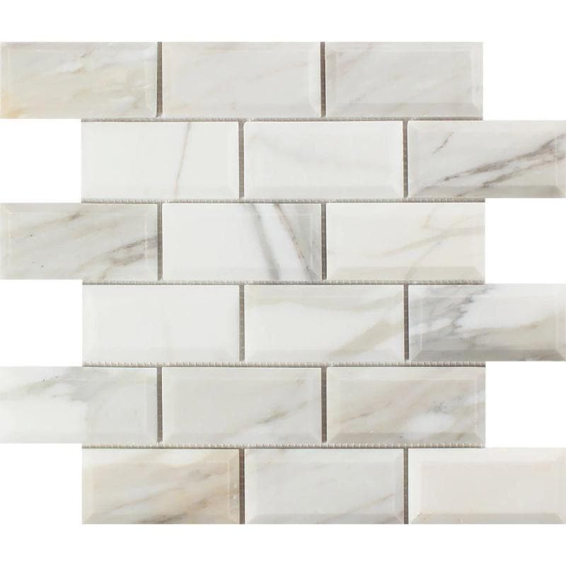 Calacatta Gold Marble 2x4 Deep Beveled Polished Mosaic Tile - TILE AND MOSAIC DEPOT