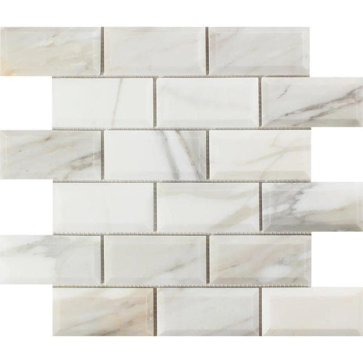Calacatta Gold Marble 2x4 Deep Beveled Polished Mosaic Tile - TILE AND MOSAIC DEPOT