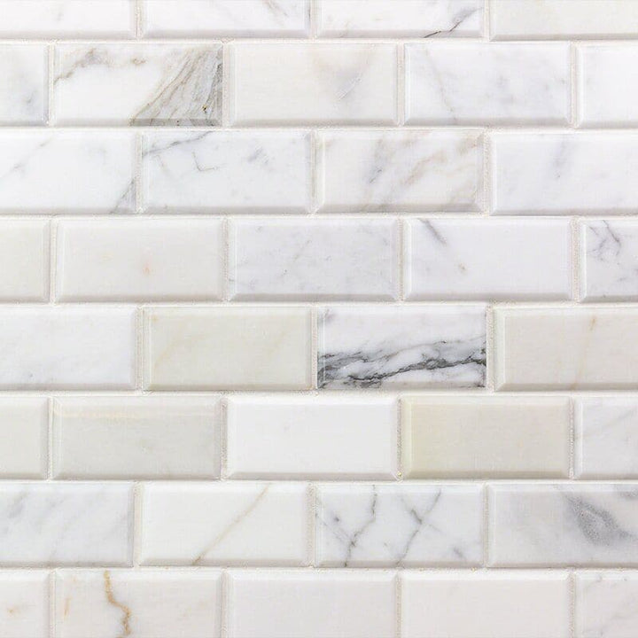 Calacatta Gold Marble 2x4 Deep Beveled Polished Mosaic Tile - TILE AND MOSAIC DEPOT