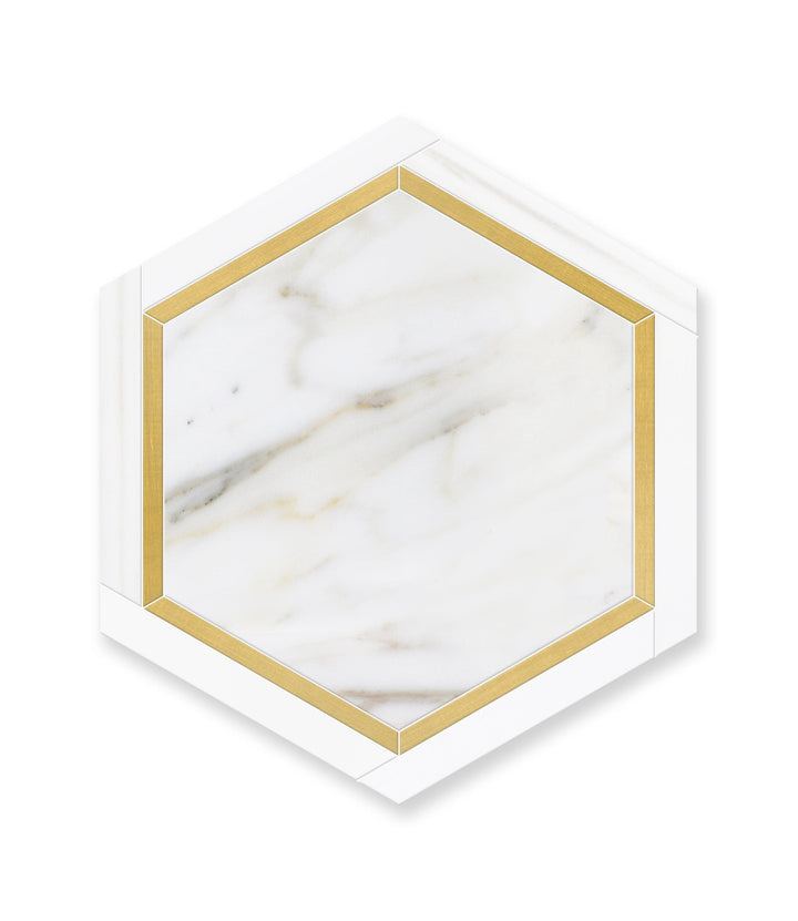 Honed Calacatta Gold marble and brass large hexagon mosaic tile by FTM, showcasing elegant gold-veined marble and brass accents.