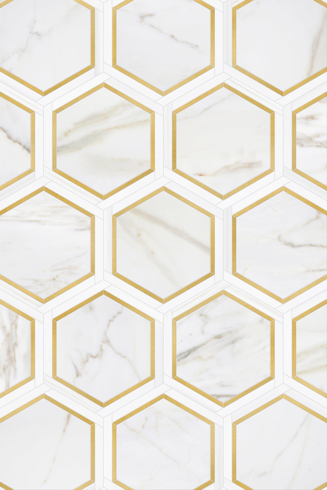 Honed Calacatta Gold marble and brass large hexagon mosaic tile by FTM, featuring elegant gold veining and textured surface.