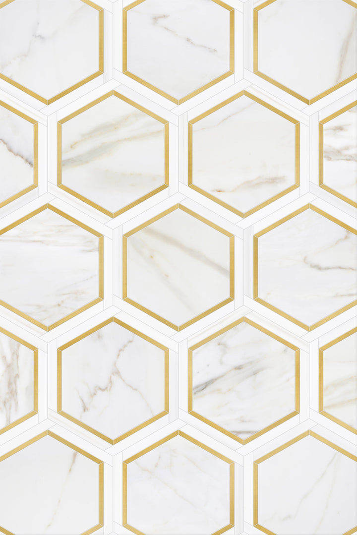 Honed Calacatta Gold marble and brass large hexagon mosaic tile by FTM, featuring elegant gold veining and textured surface.