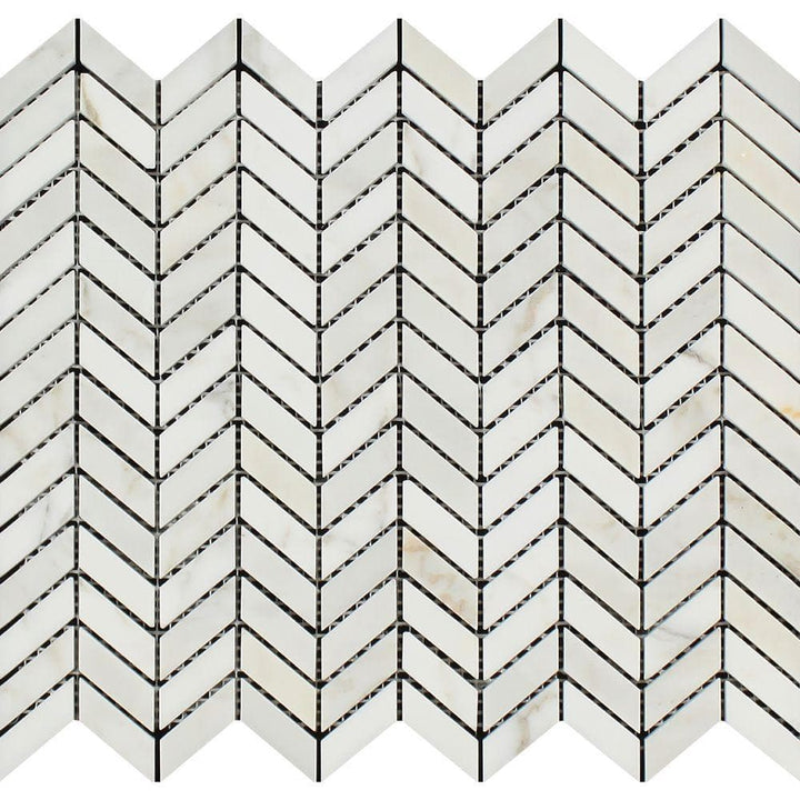Calacatta Gold marble mini chevron polished mosaic tile, showcasing elegant gold and white veined design for sophisticated surfaces.