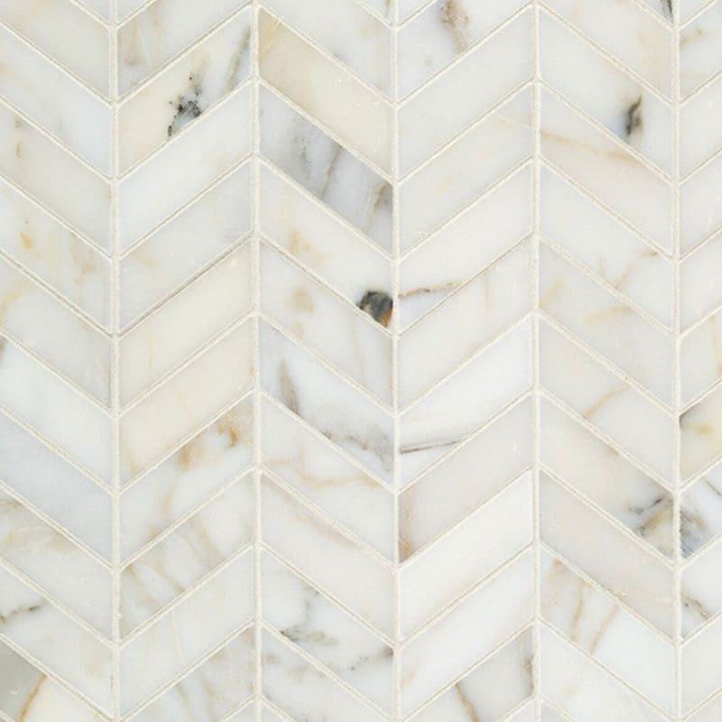 Calacatta Gold marble mini chevron polished mosaic tile from TILE AND MOSAIC DEPOT, showcasing elegant gold and white veined pattern.