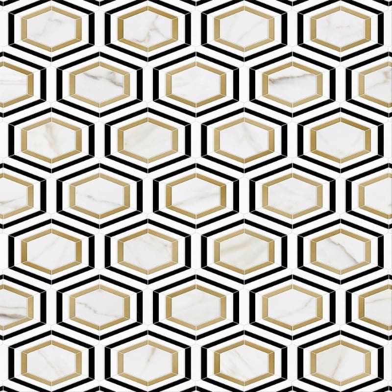 Calacatta Gold Thassos Nero Marquina Hexagon Marble Polished Mosaic Tile.