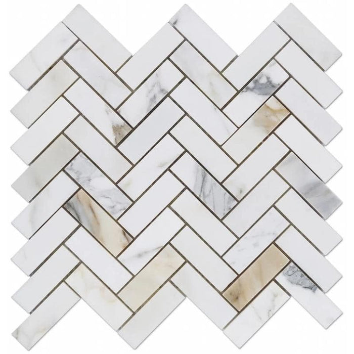 Calacatta Gold Marble 1x4 Herringbone Polished Mosaic Tile - TILE AND MOSAIC DEPOT