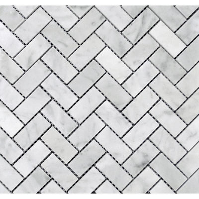 White Carrara Marble 1x2 Herringbone Polished Mosaic Tile - TILE AND MOSAIC DEPOT