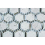 White Carrara Marble 2x2 Hexagon with Blue Honed Mosaic Tile - TILE AND MOSAIC DEPOT