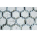 White Carrara Marble 2x2 Hexagon with Blue Polished Mosaic Tile - TILE AND MOSAIC DEPOT